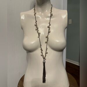 Ann Taylor Antique Bronze/Gold Pearl and Rhinestone Tassel Necklace